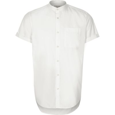 White twill grandad short sleeve shirt
